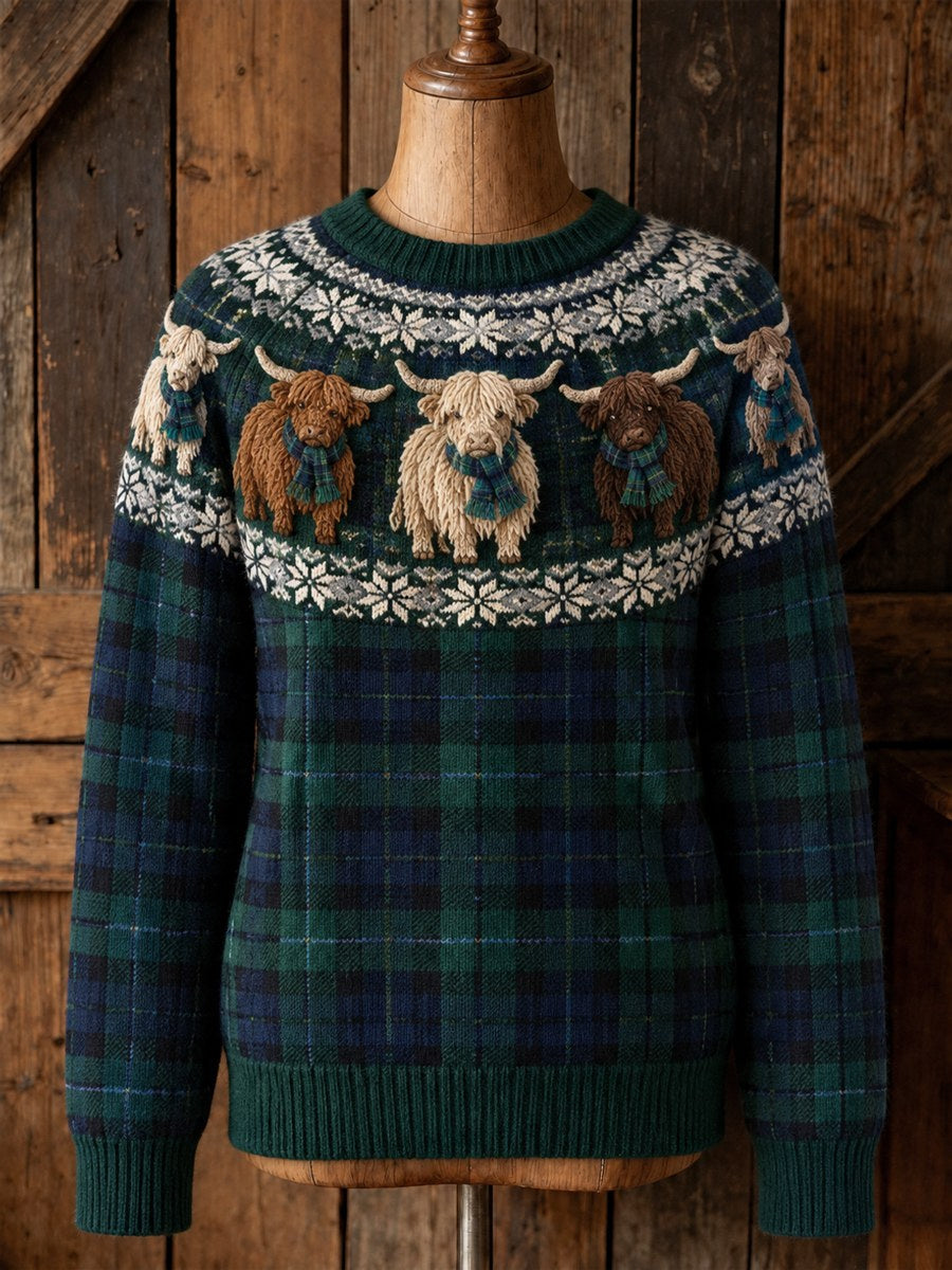 Women's Vintage Highland Cows Yoke & Scotland Tartan Print crew neck sweater