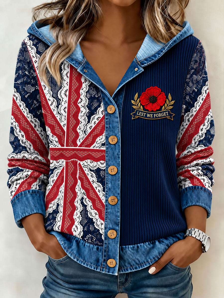 Women's Lest We Forget Print Denim Patchwork Sweatshirt