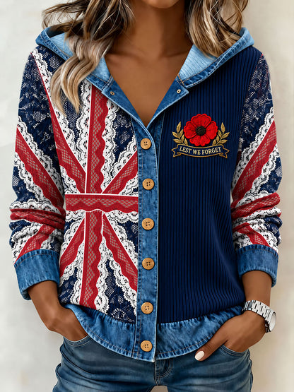 Women's Lest We Forget Print Denim Patchwork Sweatshirt