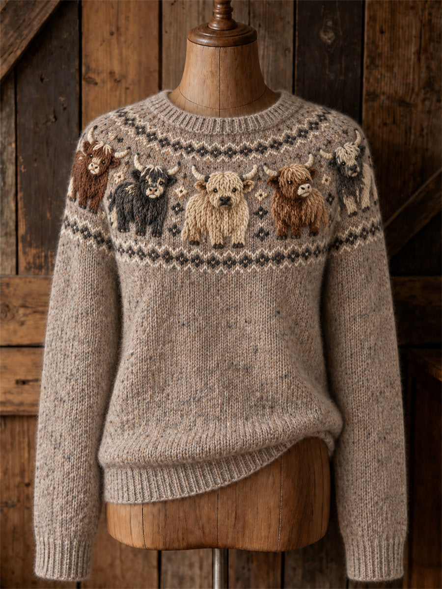 Women's Vintage Highland Cows Yoke Isle Print crew neck sweater