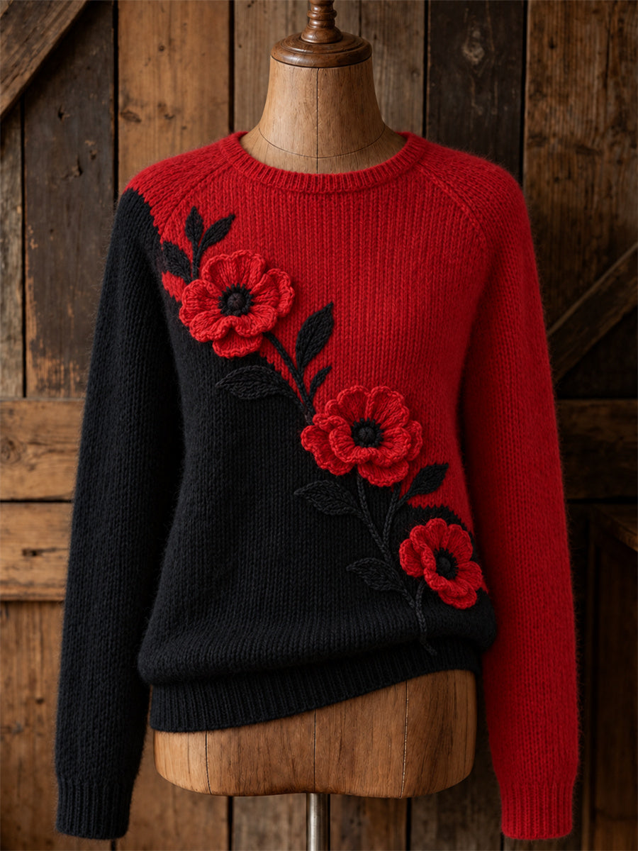 Women's Classy Papaveraceae Floral Contrast Color Print crew neck sweater