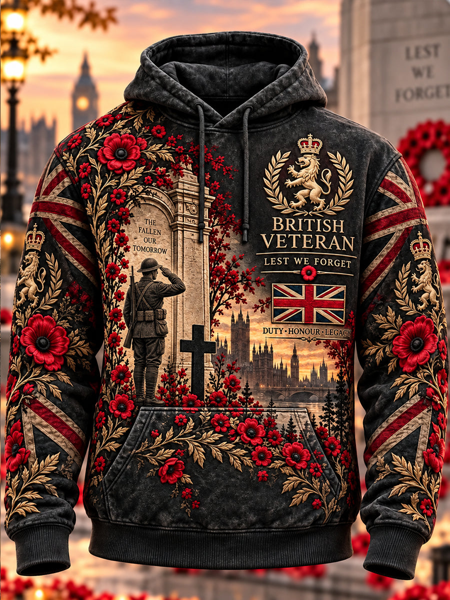 Men's British Veteran Remembrance Day Oversized Drop-Shoulder Hoodie with Pockets