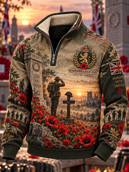 Men's British Veteran Remembrance Day Fleece-Lined Stand-Collar Sweatshirt