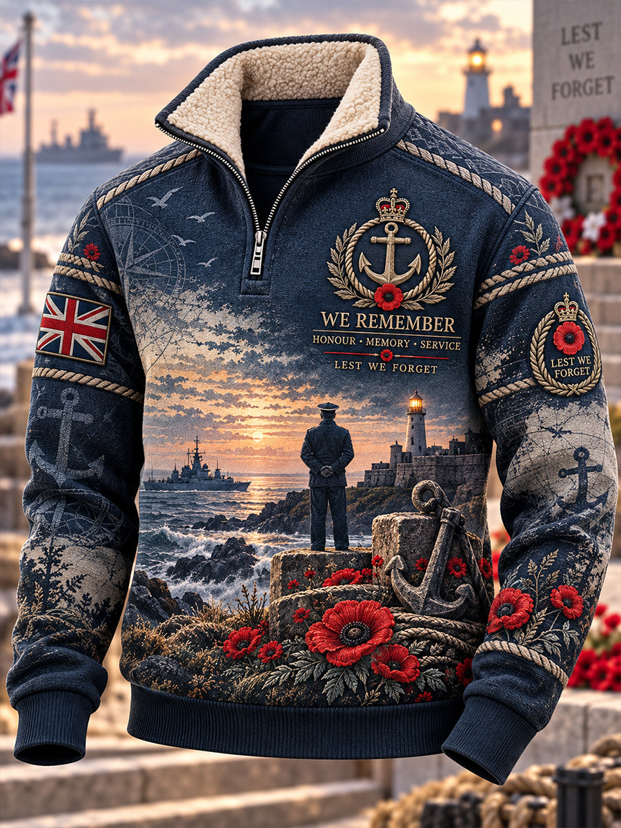 Men's British Veteran Remembrance Day Fleece-Lined Stand-Collar Sweatshirt
