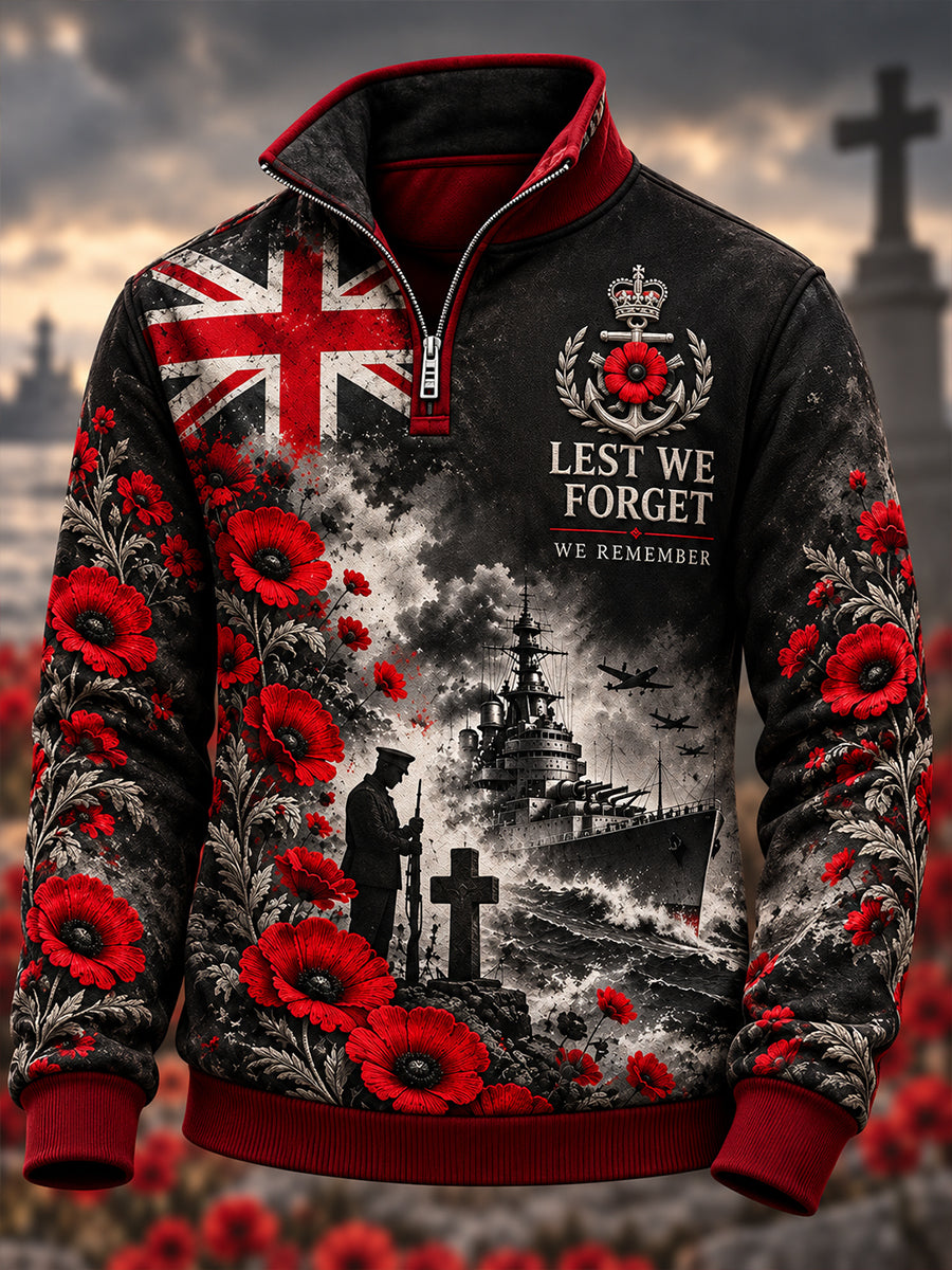 Men's British Veteran Remembrance Day Stand-Collar Half-Zip Sweatshirt