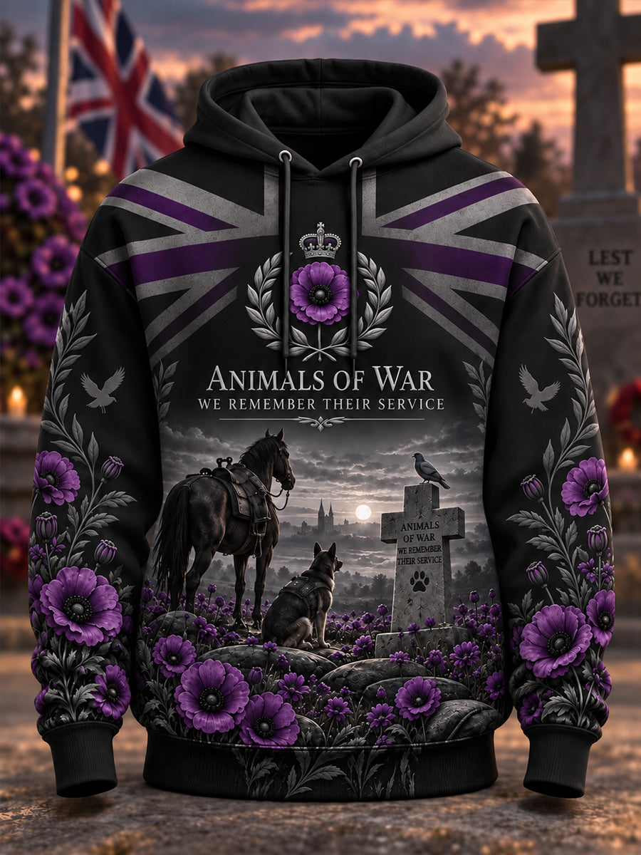 Men's Uk Remembrance Day Memorial To Animals In War  Oversized Drop-Shoulder Hoodie with Pockets