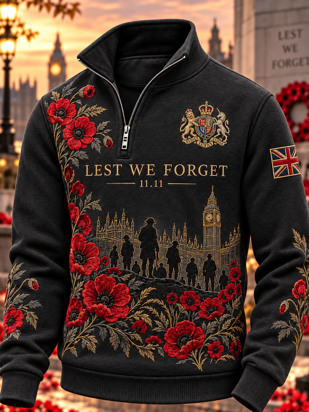 Men's Remembrance Day Lest We Forget Print Zip-Up Hoodie
