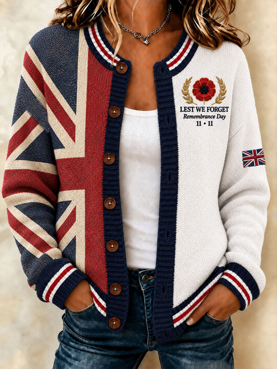 Women's Lest We Forget Print Cardigan-Style Knit Jacket