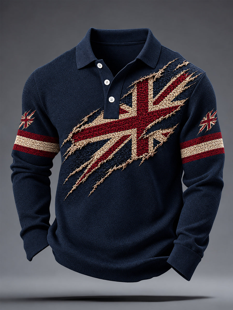 Men's UK Flag Print Casual Long Sleeve Polo