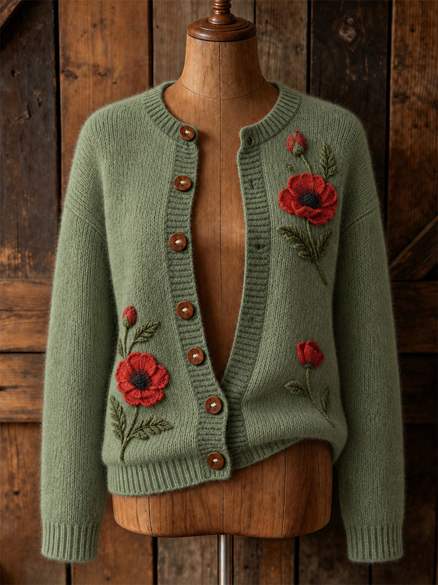 Women's Classy Papaveraceae Floral Print Cardigan-Style Knit Jacket