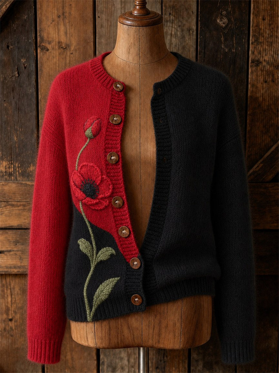 Women's Classy Papaveraceae Floral Contrast Color Print Cardigan-Style Knit Jacket