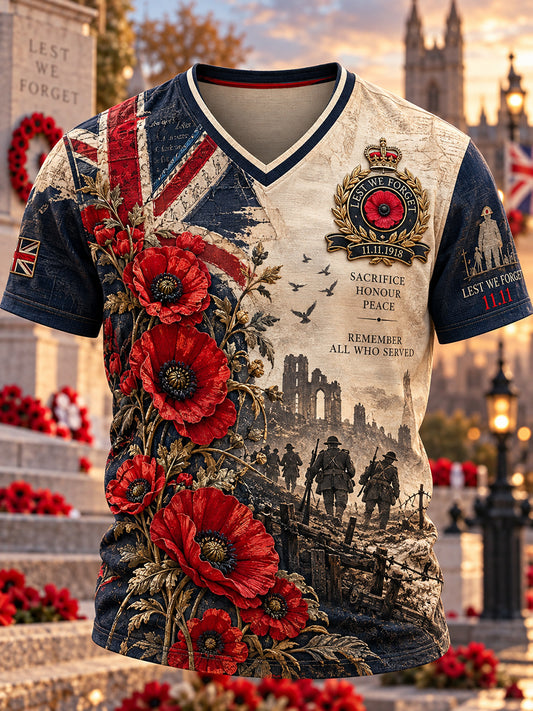 Men's British Remembrance Day Printed V-neck T-shirt