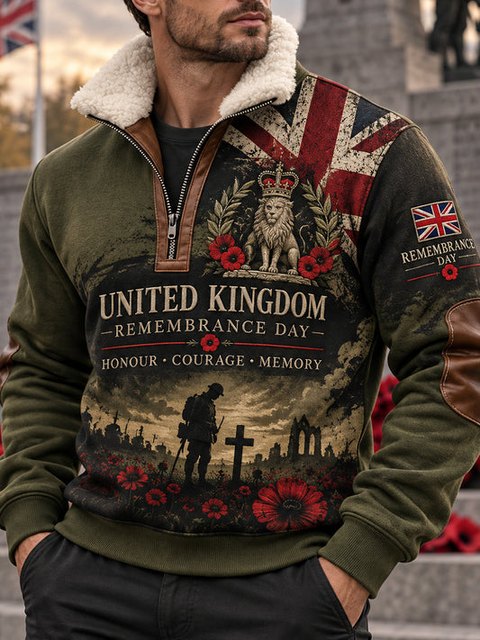 Men's Fleece-Lined High-Neck Sweatshirt With Remembrance Day Themed Print