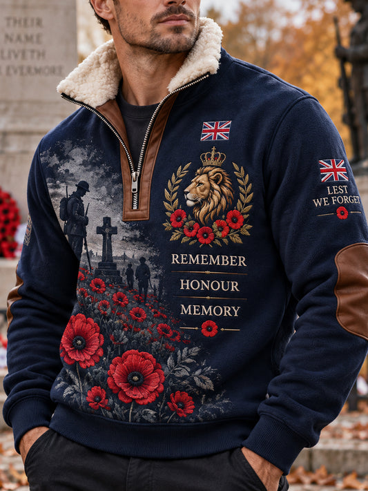Men's Fleece-Lined High-Neck Sweatshirt With Remembrance Day Themed Print
