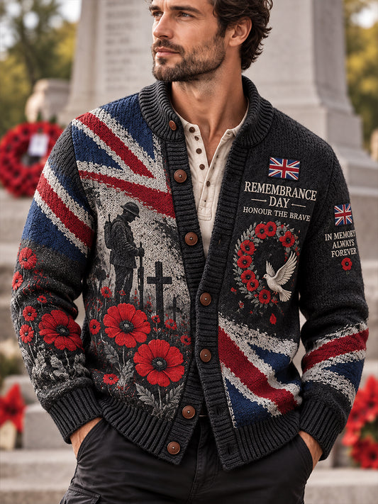 Men's High-Neck Knit Cardigan With Remembrance Day Themed Print