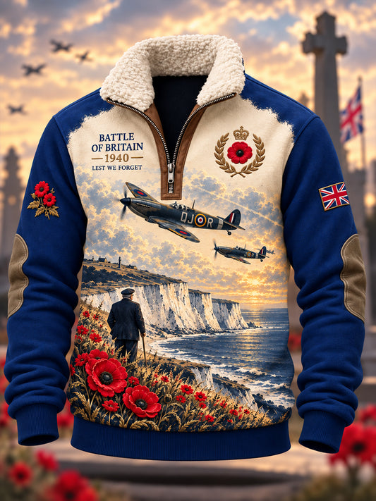 Men's British Veteran Remembrance Day Fleece-Lined Half-Zip Sweatshirt with Stand-Up Collar