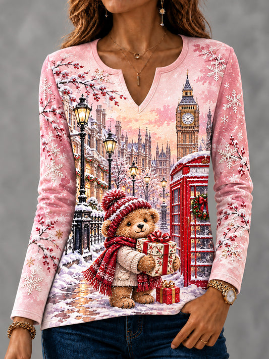Women's London Bear Christmas Art Printed Long Sleeve T-shirt