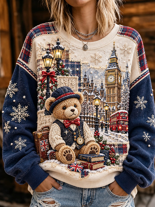 Women's London Bear Christmas Printed Round-Neck Long-Sleeved Sweatshirt