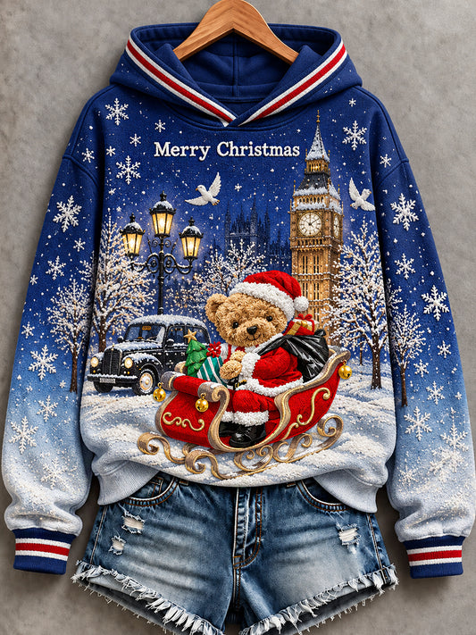 Women's London Bear Christmas Printed Round-Neck Long-Sleeved Hooded Sweatshirt