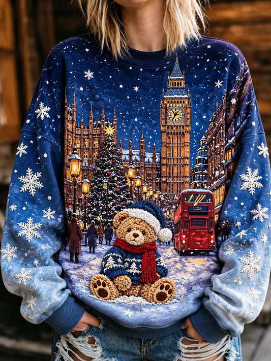 Women's London Bear Christmas Printed Round-Neck Long-Sleeved Sweatshirt