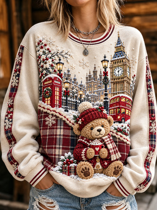Women's London Bear Christmas Printed Round-Neck Long-Sleeved Sweatshirt