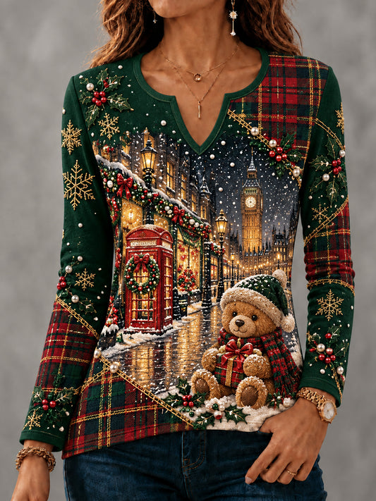 Women's London Bear Christmas Art Printed Long Sleeve T-shirt
