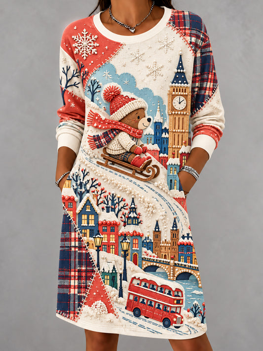 Women's London Bear Christmas Abstract Print Casual Dress