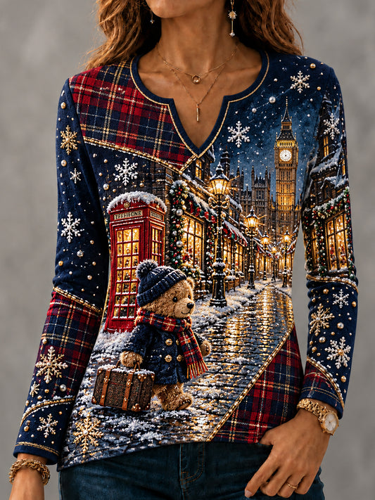 Women's London Bear Christmas Art Printed Long Sleeve T-shirt