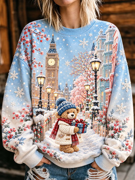 Women's London Bear Christmas Printed Round-Neck Long-Sleeved Sweatshirt