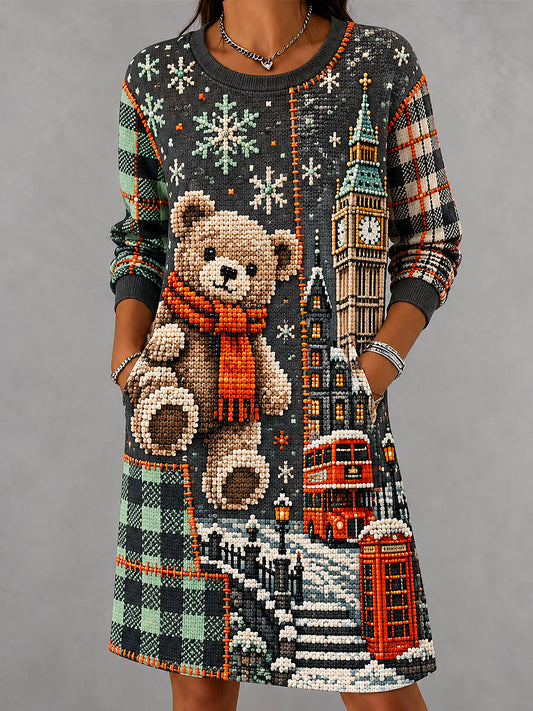 Women's London Bear Christmas Abstract Print Casual Dress