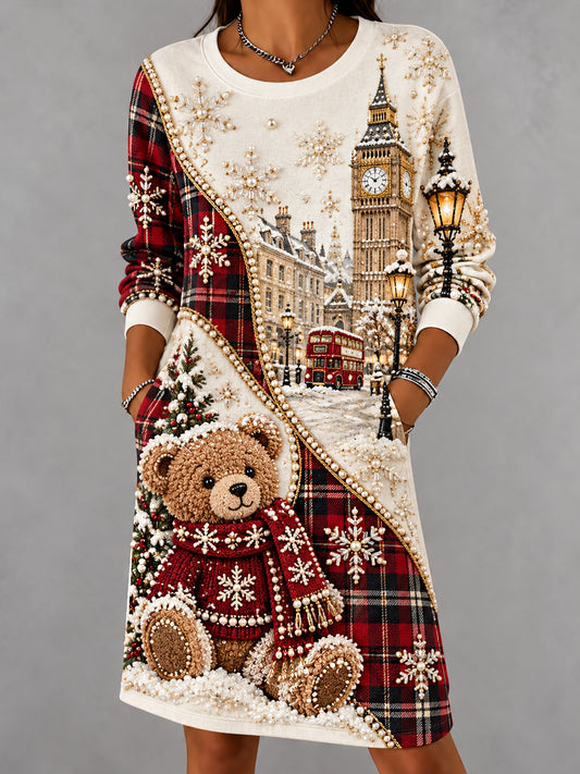 Women's London Bear Christmas Abstract Print Casual Dress