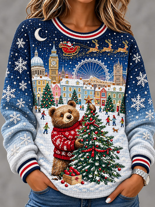 Women's London Bear Christmas Art Printed Waffle Long Sleeve Sweatshirt