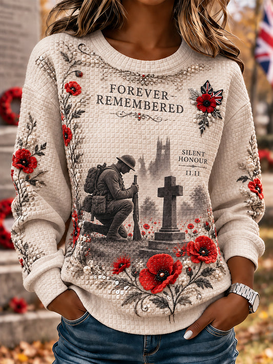 Women's Remembrance Day Print Waffle-Knit Long-Sleeve Sweatshirt