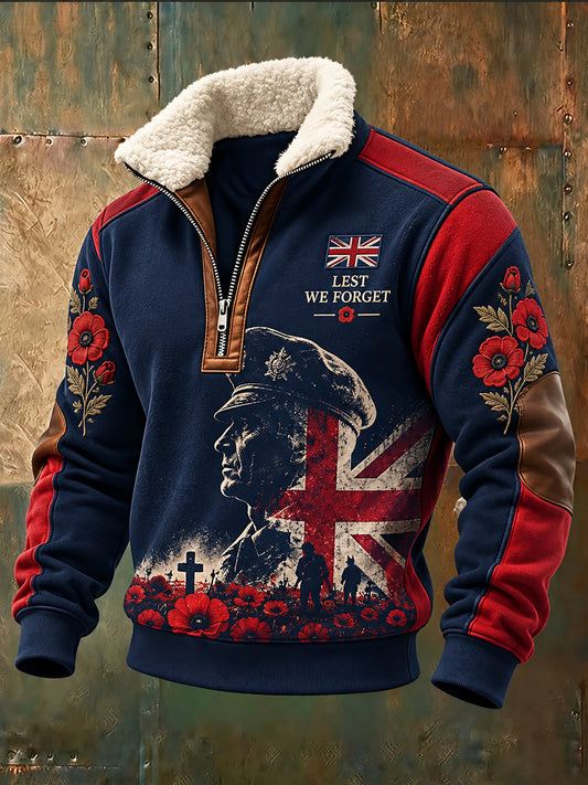 Men's Fleece-Lined High-Neck Sweatshirt With Veteran Memorial Graphic Print