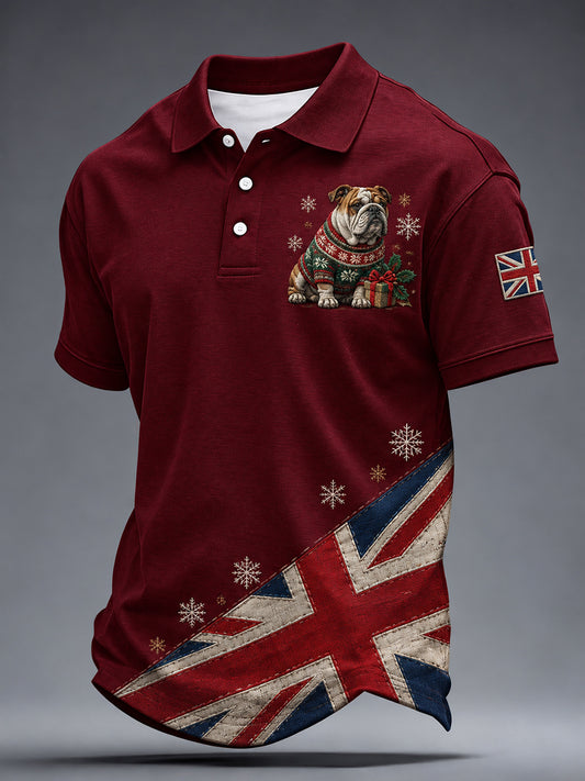 Men's British Christmas Bulldog Print Short Sleeve Shirt