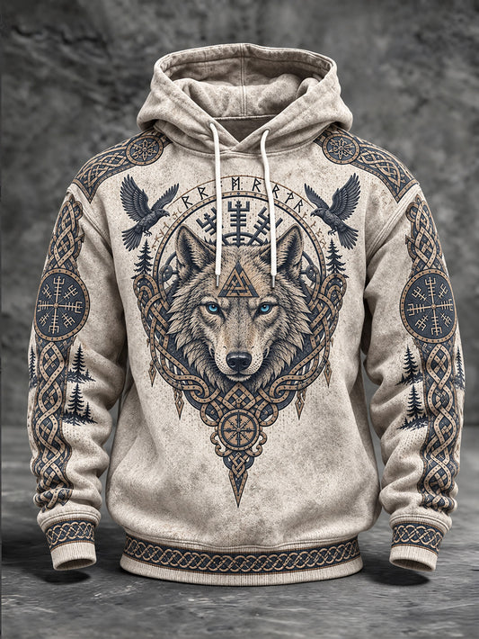 Men's Retro Viking-style Wolf Head Pattern Print Casual Hoodie