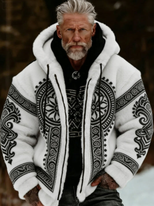 Men's Viking Celtic Art Plush Cozy Warm Zipped Hooded Jacket