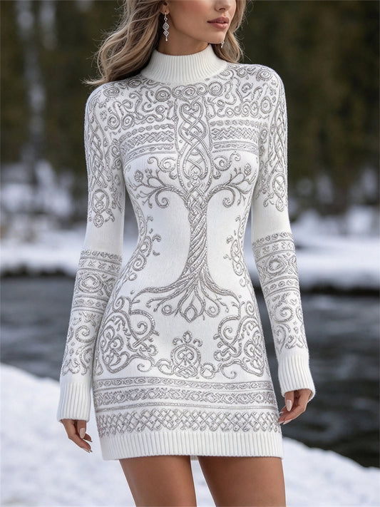Women's Viking Tree of Life Celtic Knot Print Mock neck Sweater Mini Dress