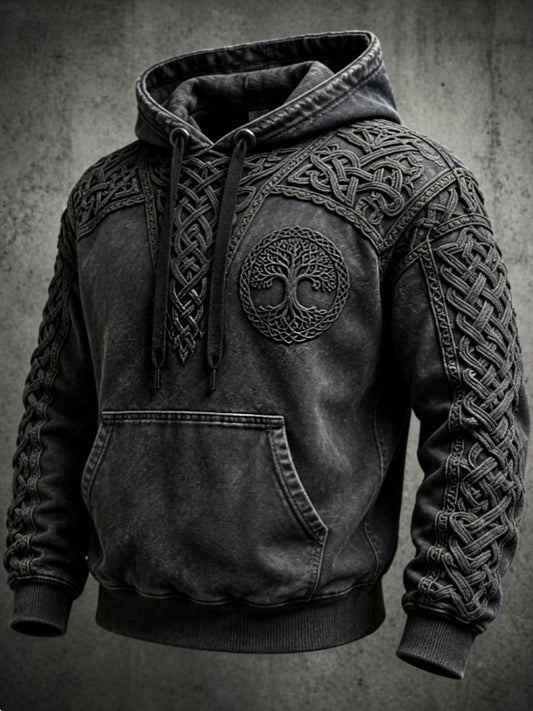 Men's Retro Viking Valknut Tree Life Oversized Drop-Shoulder Hoodie