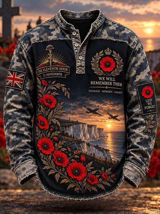 Men's British Veterans Remembrance Day Printed Casual Button T-Shirt