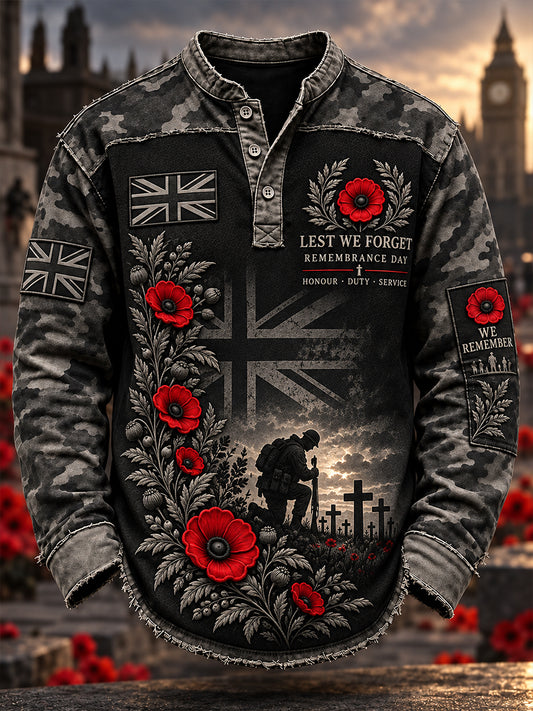 Men's British Veterans Remembrance Day Printed Casual Button T-Shirt