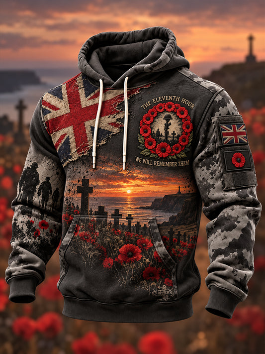 Men's British Veterans Remembrance Day Oversized Drop-Shoulder Hoodie with Pockets