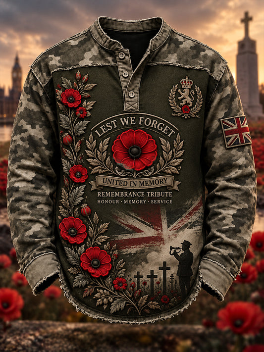 Men's British Veterans Remembrance Day Printed Casual Button T-Shirt