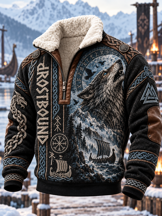 Men's Viking Art Plush Stand Collar Shirt