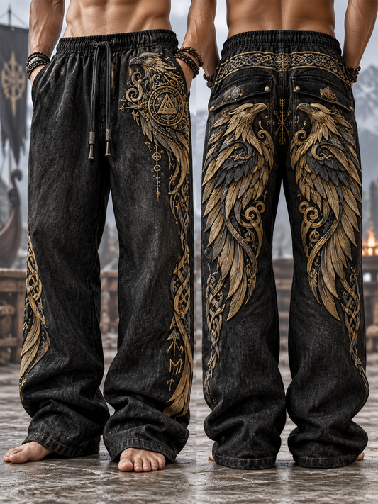 Men's Viking Art Printed Cotton And Hemp Pants