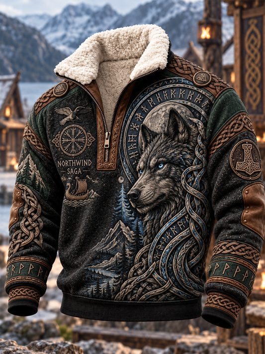 Men's Viking Art Plush Stand Collar Shirt