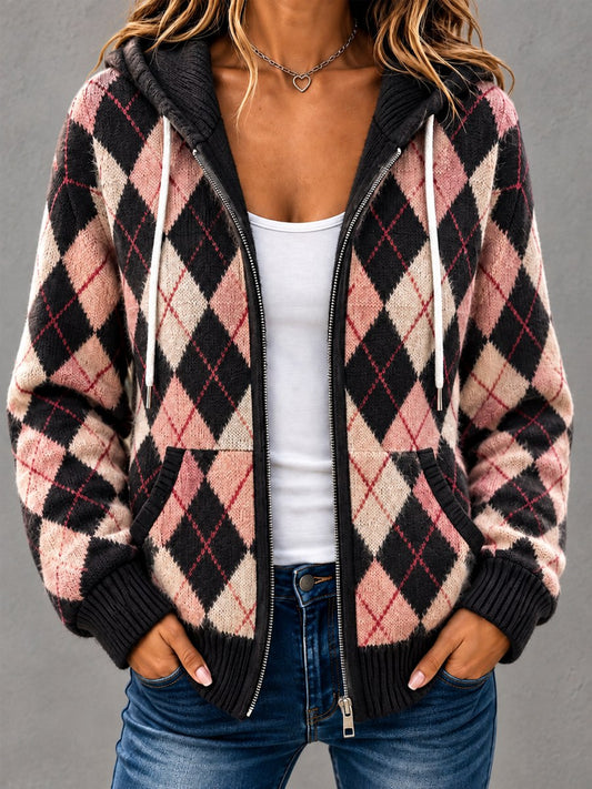 Women's Retro Plaid Print Casual Zipper Hoodie