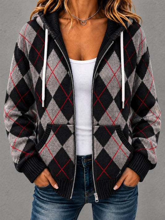 Women's Retro Plaid Print Casual Zipper Hoodie