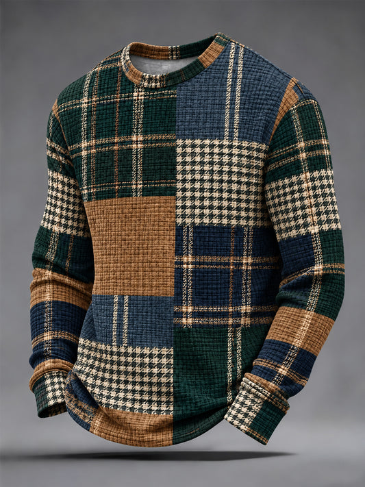 Men's Retro Plaid Print Casual Waffle Long Sleeve T-Shirt