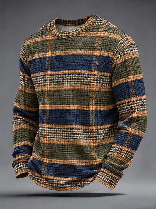 Men's Retro Plaid Print Casual Waffle Long Sleeve T-Shirt